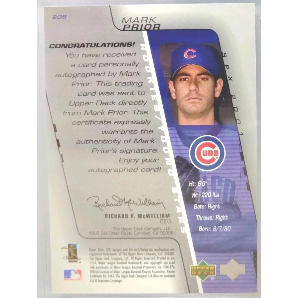 2001 SPx‎ - Rookies/Young Stars Autograph Mark Prior #1030 /1500 (AU, RC) BGS 9